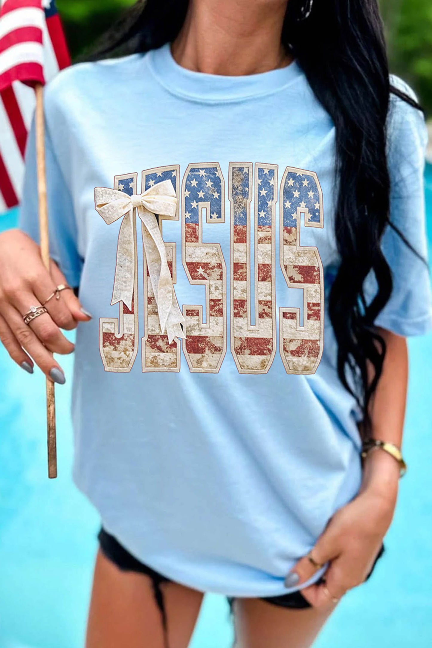 Light Blue Patriotic JESUS Letter Print Shift T Shirt
