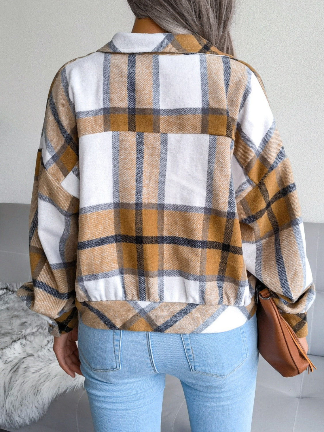 Plaid Collared Neck Long Sleeve Jacket - Cowaa