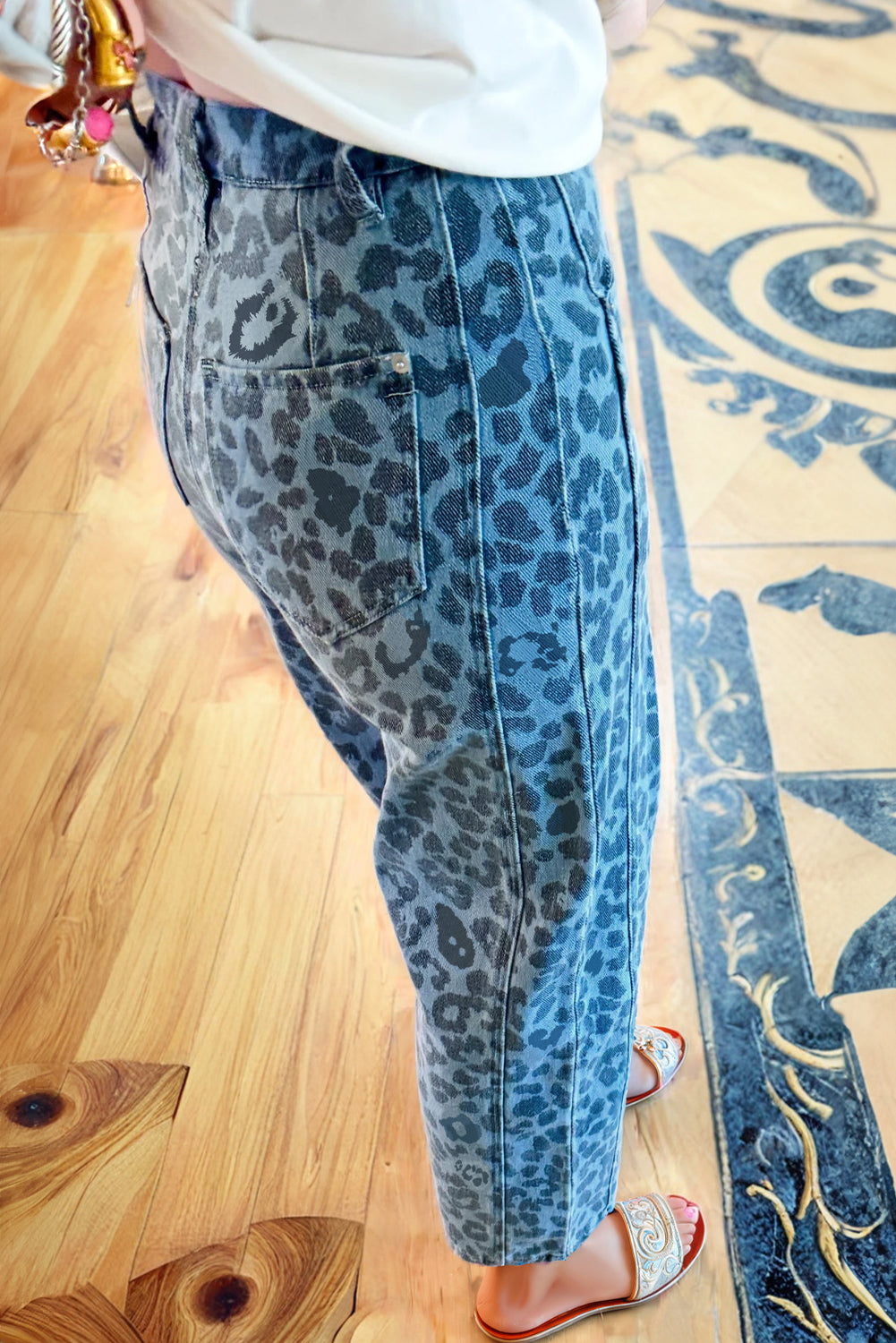 Khaki Leopard Print Straight Loose Jeans