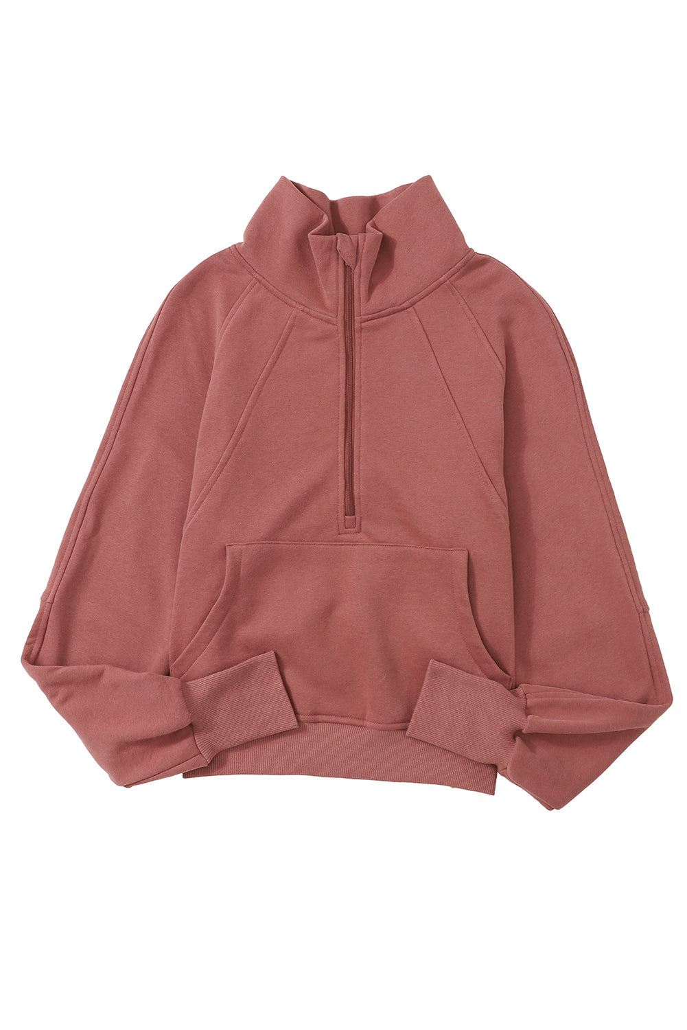 Brown Zip Up Stand Collar Thumbhole Sleeve Sweatshirt - Cowaa