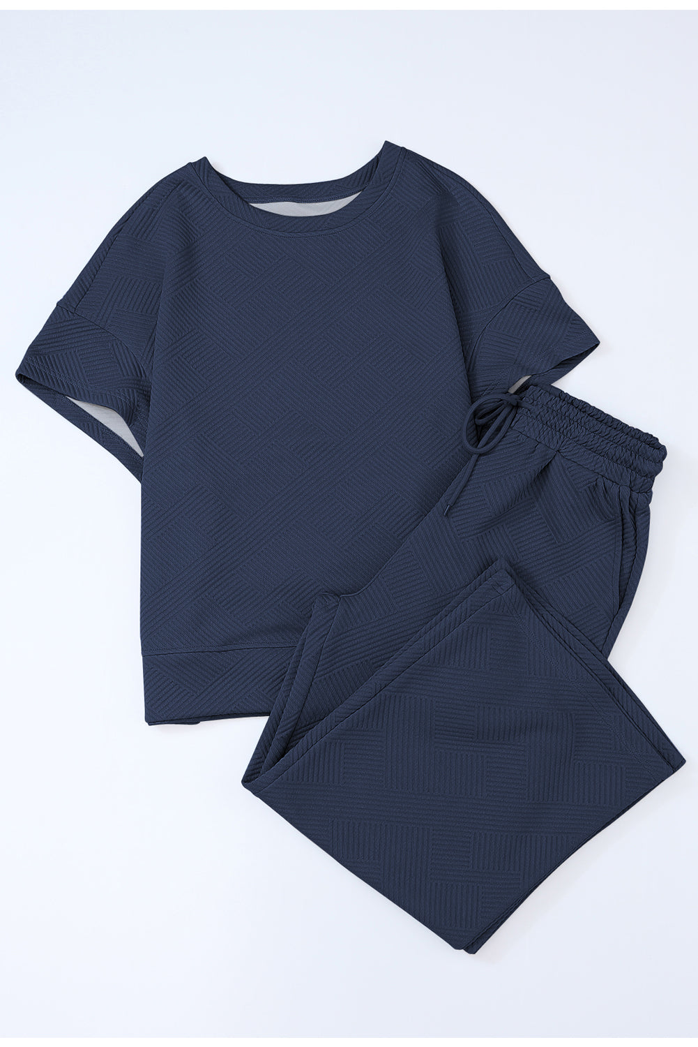 Navy Blue Textured Loose Fit T Shirt and Drawstring Pants Set - Cowaa