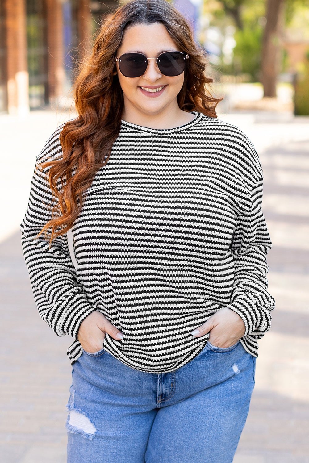 Black Stripe Drop Shoulder Puff Long Sleeve O Neck Plus Size T Shirt - Cowaa