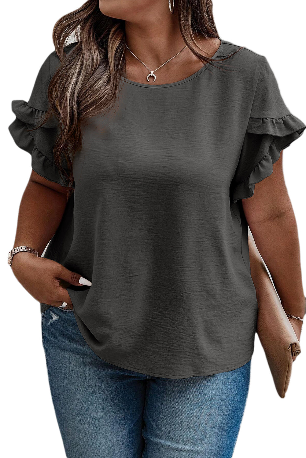 Black Ruffled Short Sleeve Plus Size Top - Cowaa