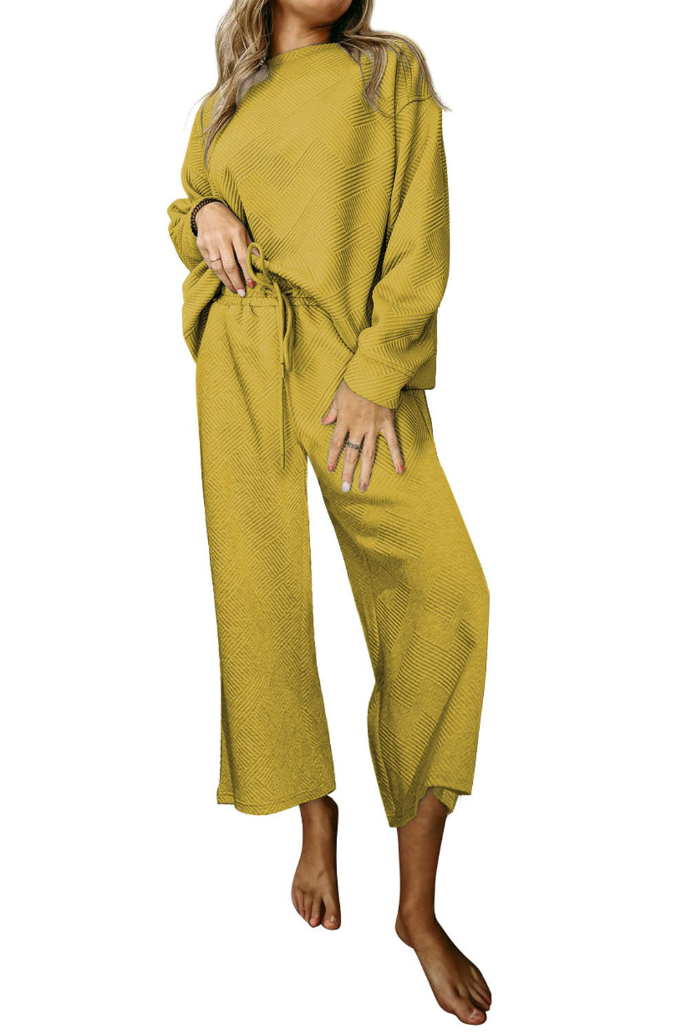 Strawberry Pink Textured Loose Slouchy Long Sleeve Top and Pants Set - Cowaa
