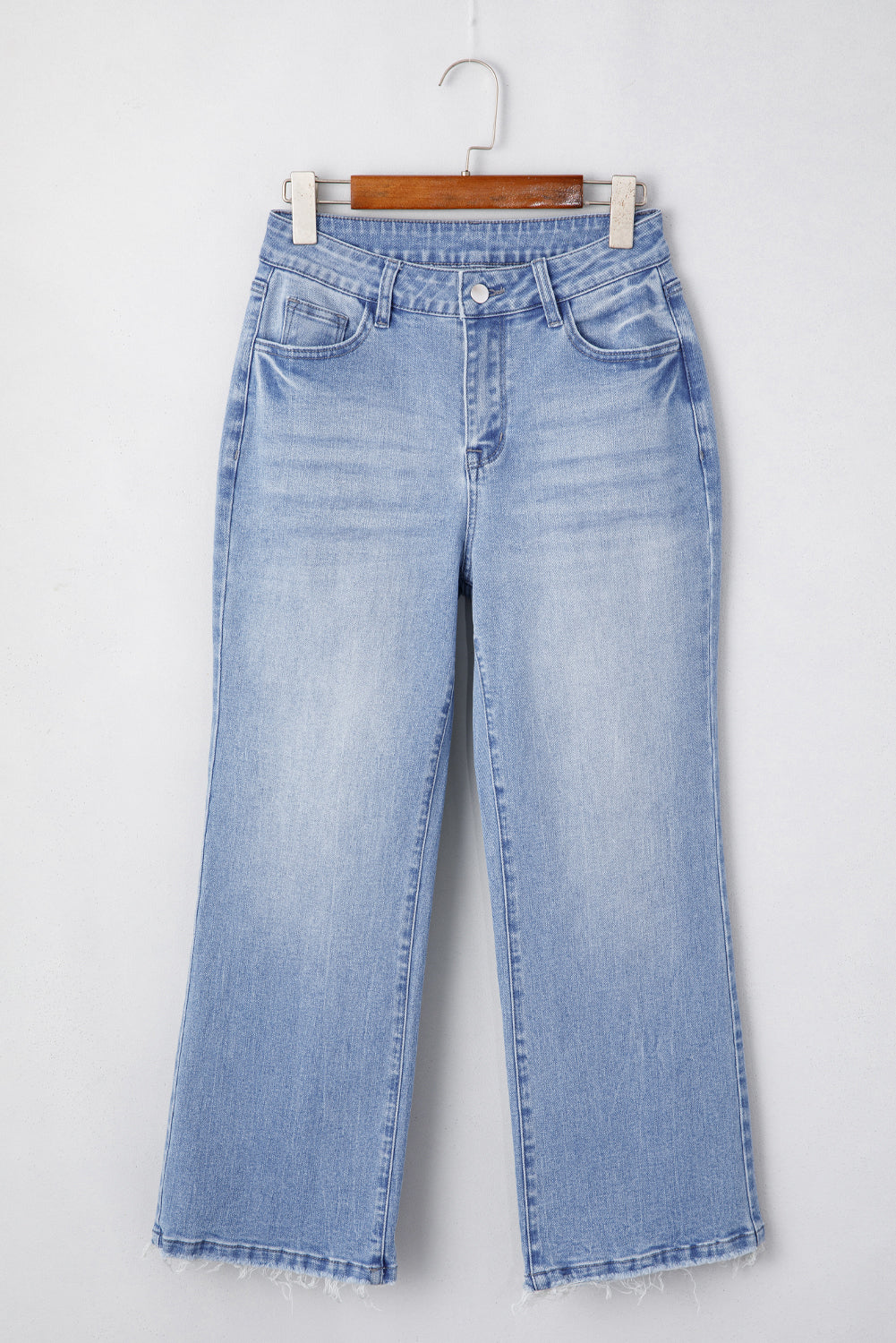 Sail Blue Mineral Wash Raw Hem High Waist Flared Jeans - Cowaa