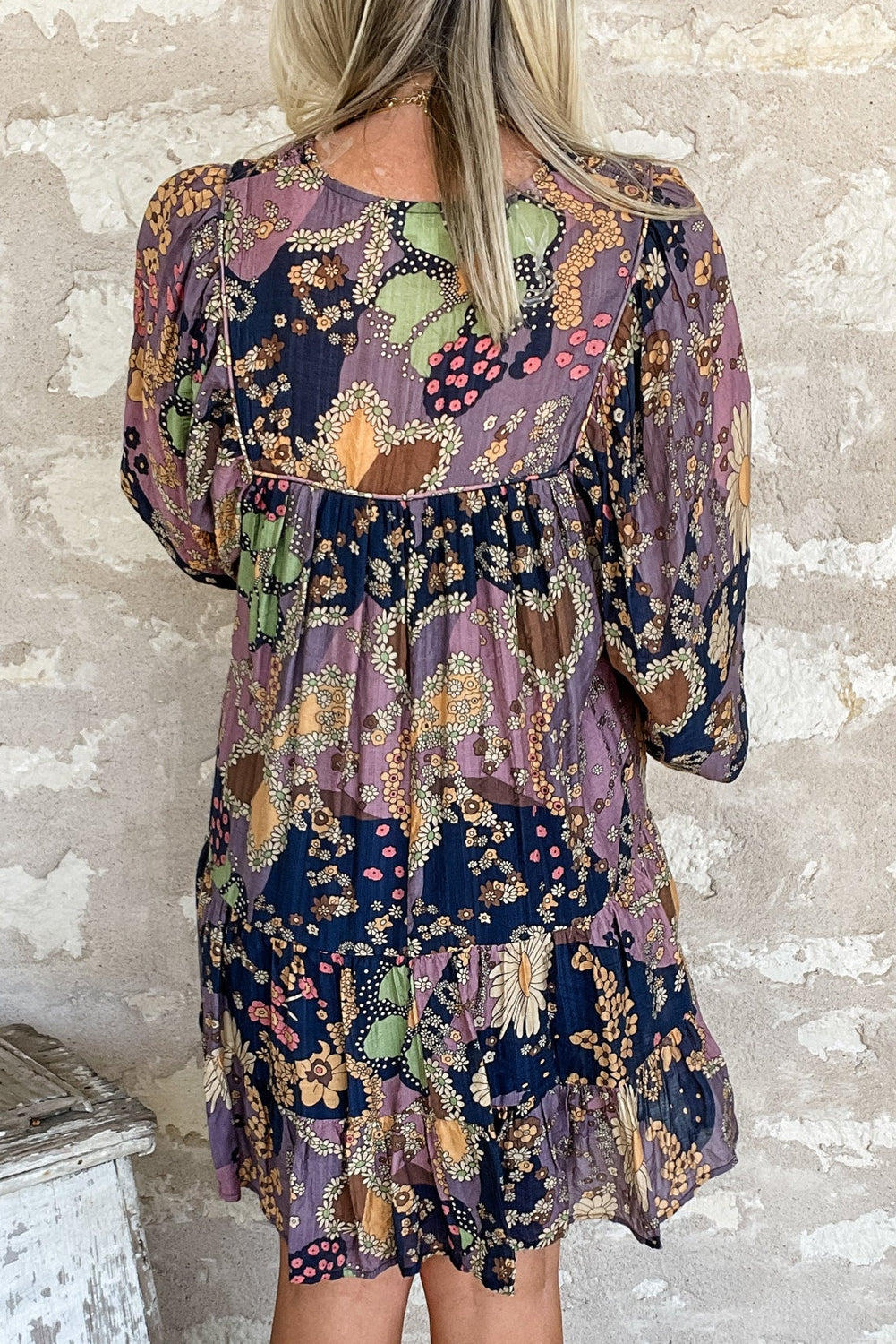 Purple Boho Floral Print Puff Sleeve Flowy Mini Dress - Cowaa