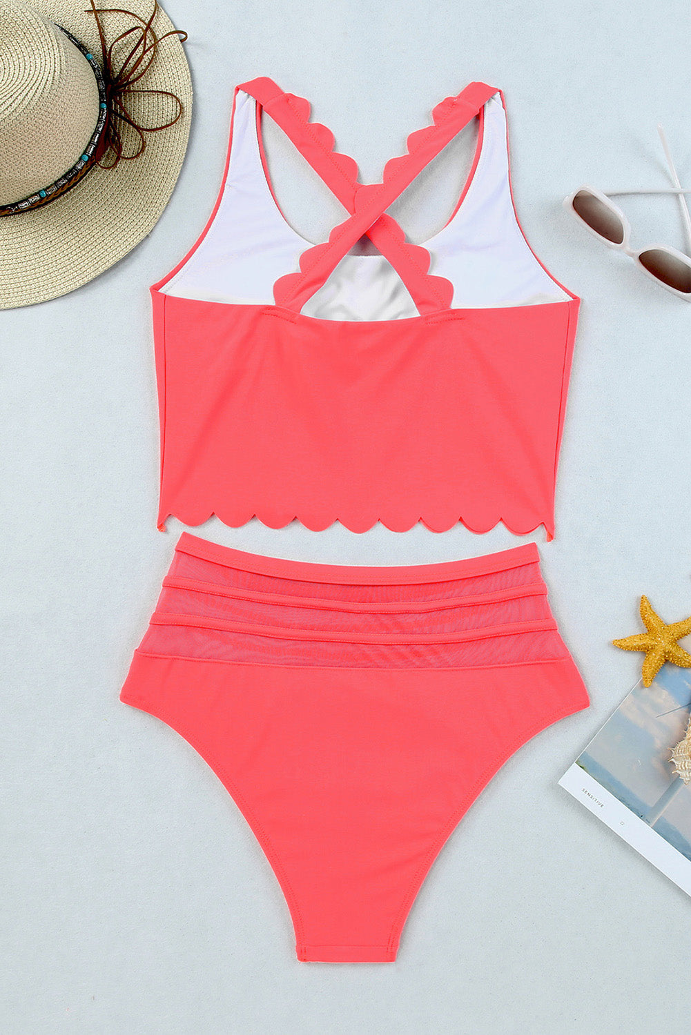Pink Scalloped Criss Cross High Waist Bikini - Cowaa