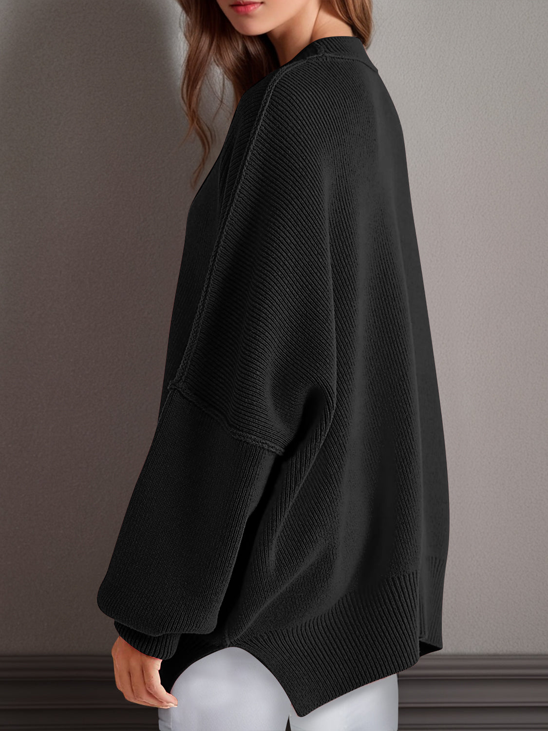 Double Take Side Slit Round Neck Long Sleeve Sweater - Cowaa