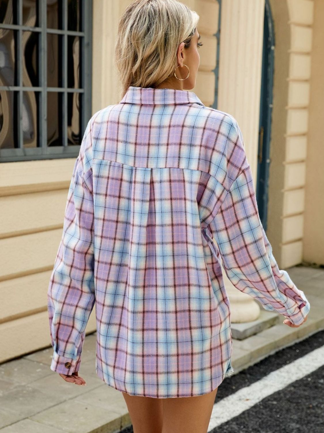 Plaid Collared Neck Long Sleeve Shirt - Cowaa