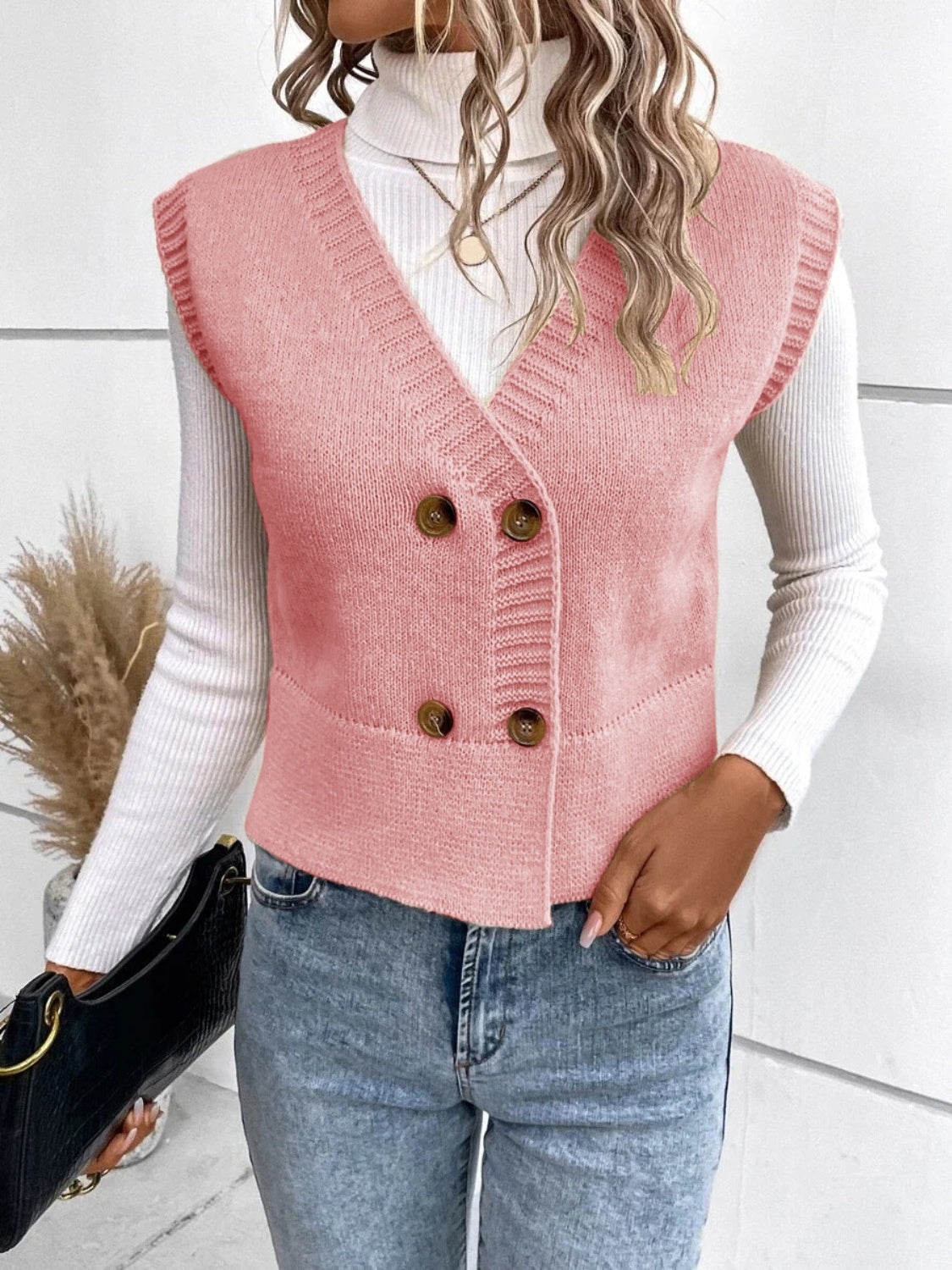 Full Size Button Up V-Neck Sweater Vest - Cowaa
