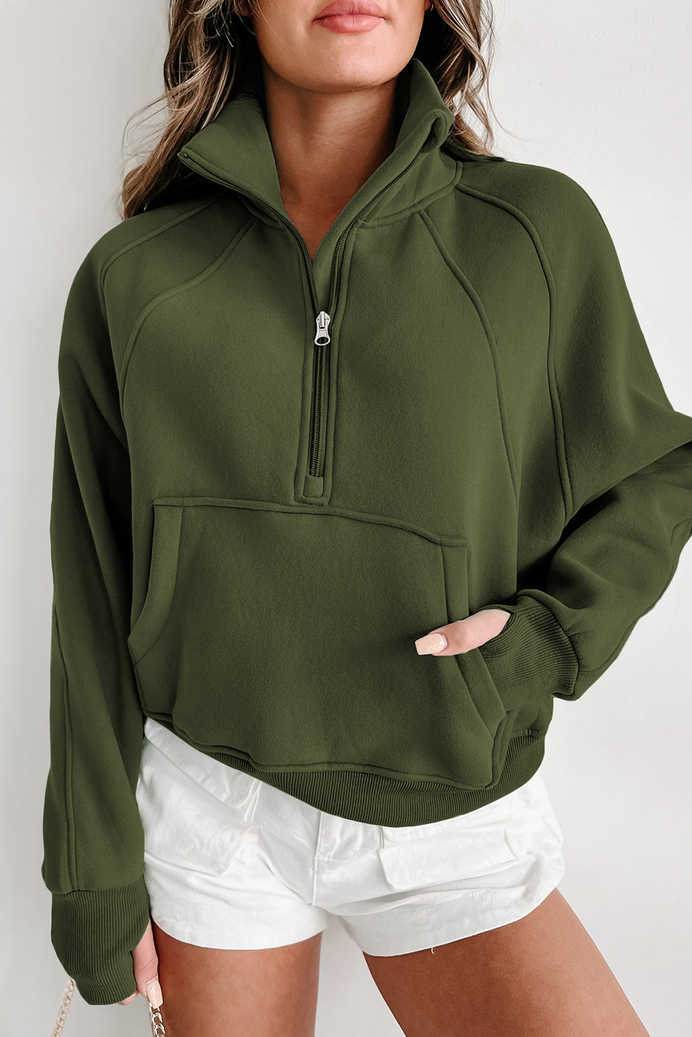 Brown Zip Up Stand Collar Thumbhole Sleeve Sweatshirt - Cowaa