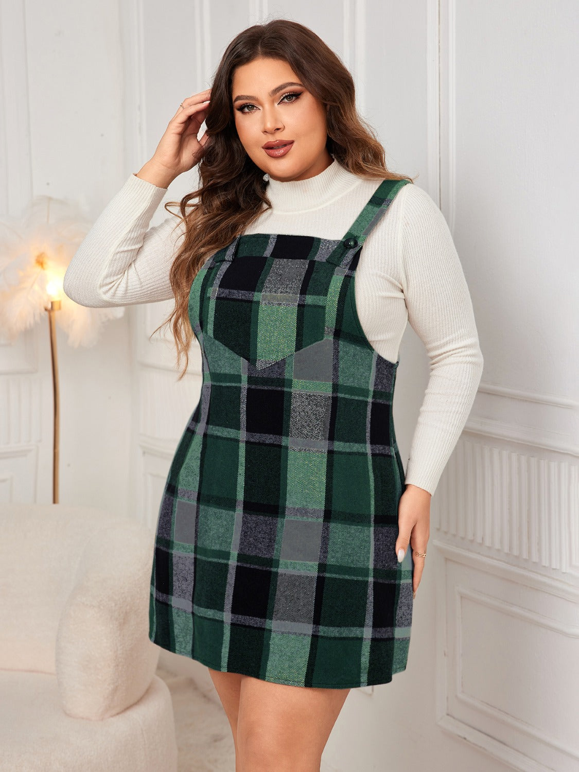 Plus Size Plaid Wide Strap Overall Dress - Cowaa