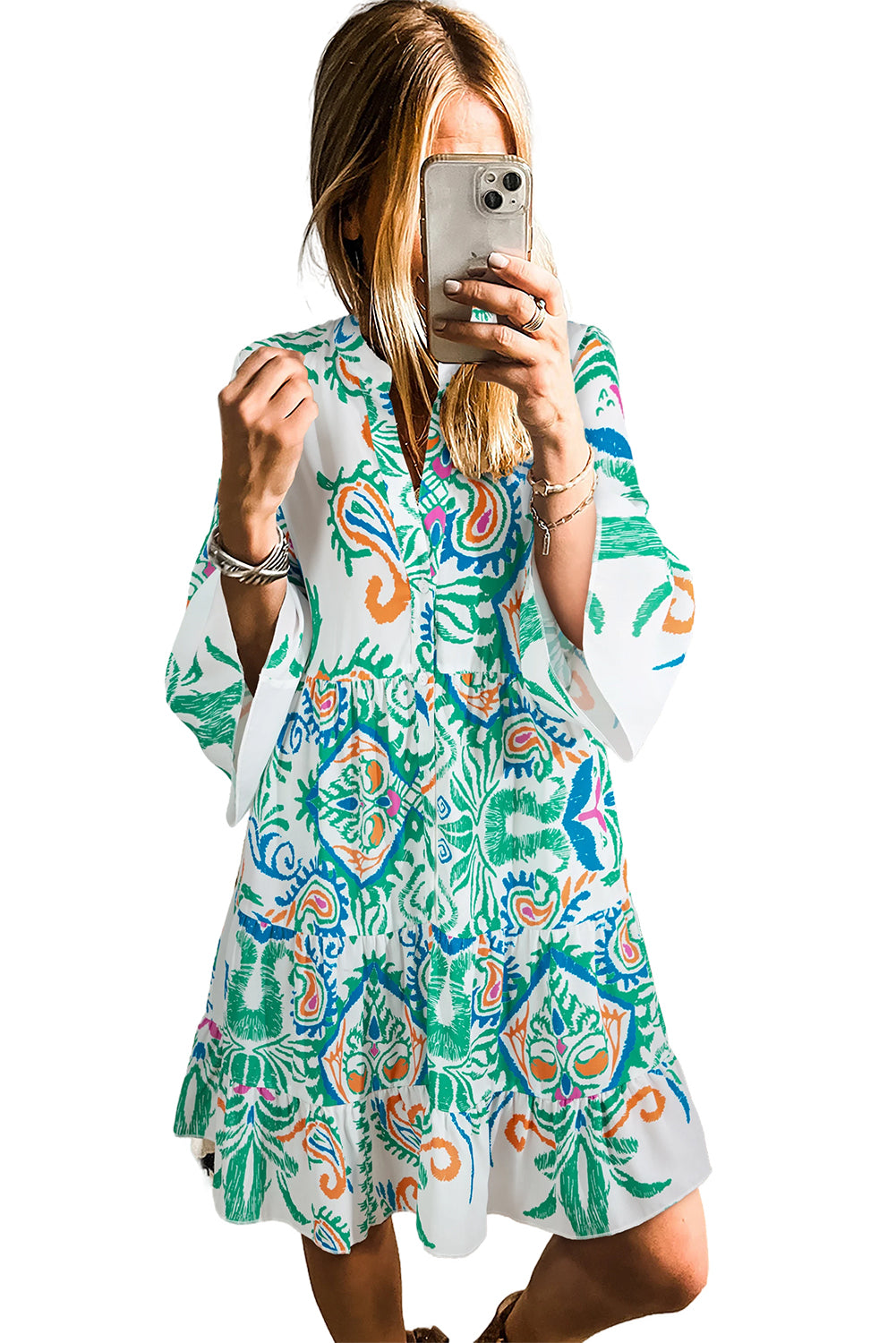 White Ethnic Print Boho Button Tiered Mini Dress - Cowaa