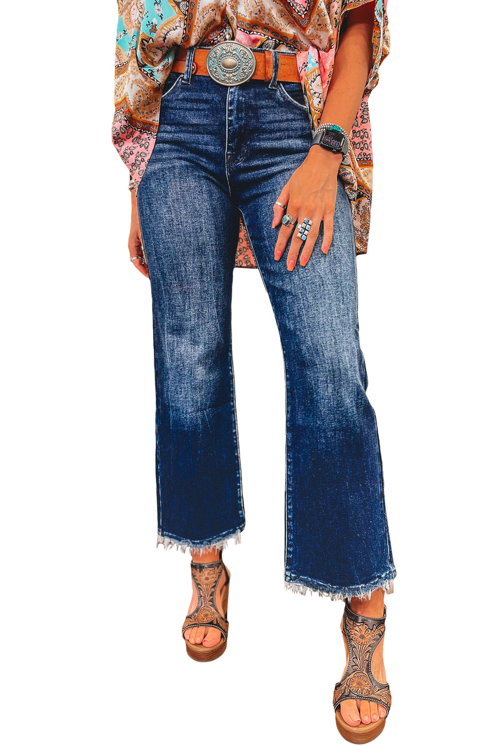 Sail Blue Mineral Wash Raw Hem High Waist Flared Jeans - Cowaa