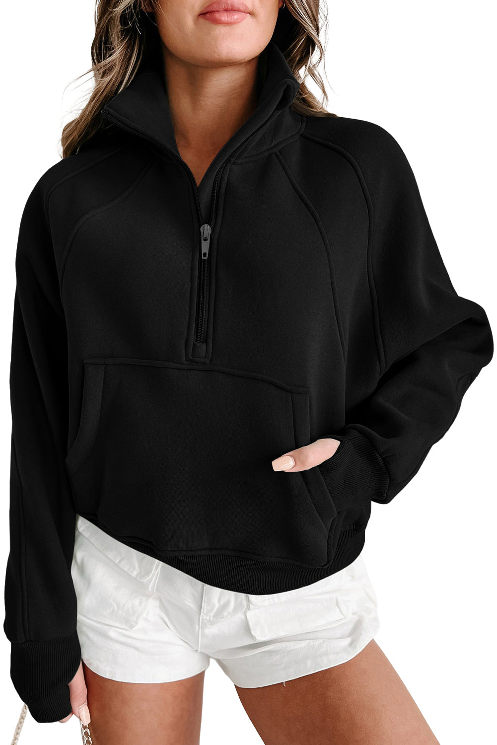 Brown Zip Up Stand Collar Thumbhole Sleeve Sweatshirt - Cowaa