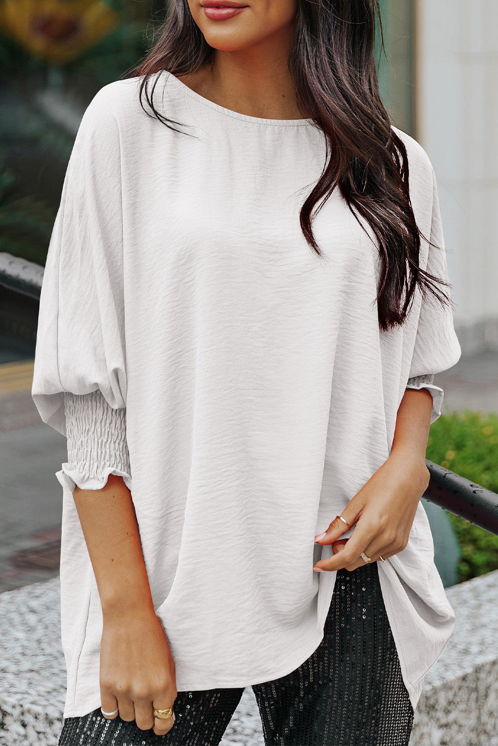 Apricot Solid Casual Smocked Cuffs Batwing Sleeve Blouse - Cowaa