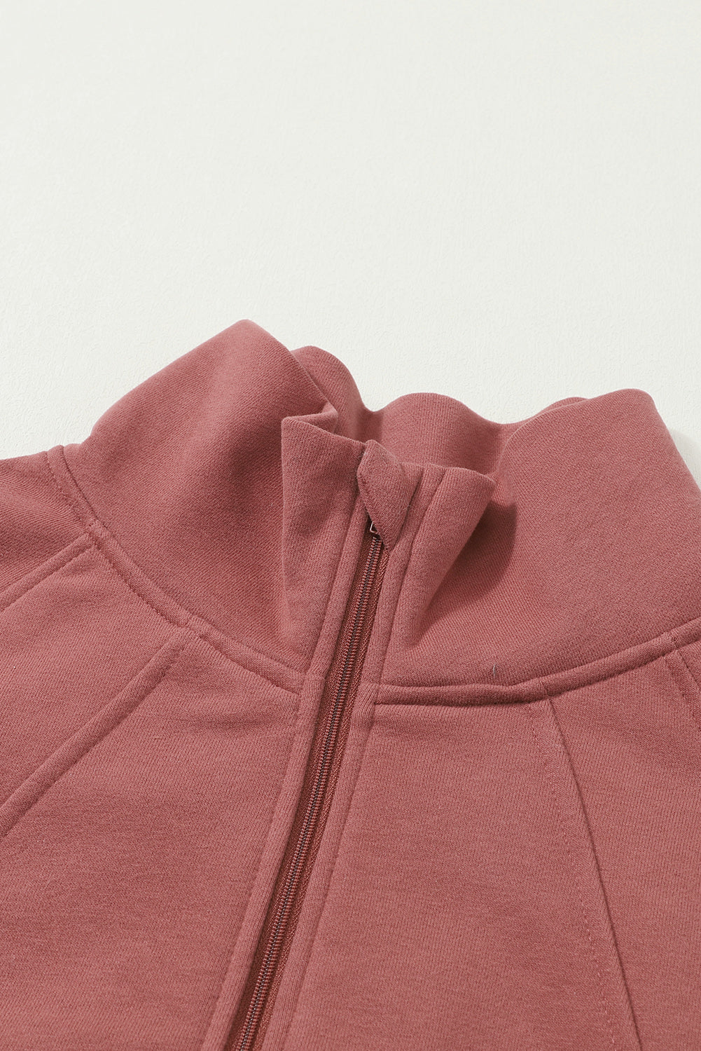 Brown Zip Up Stand Collar Thumbhole Sleeve Sweatshirt - Cowaa
