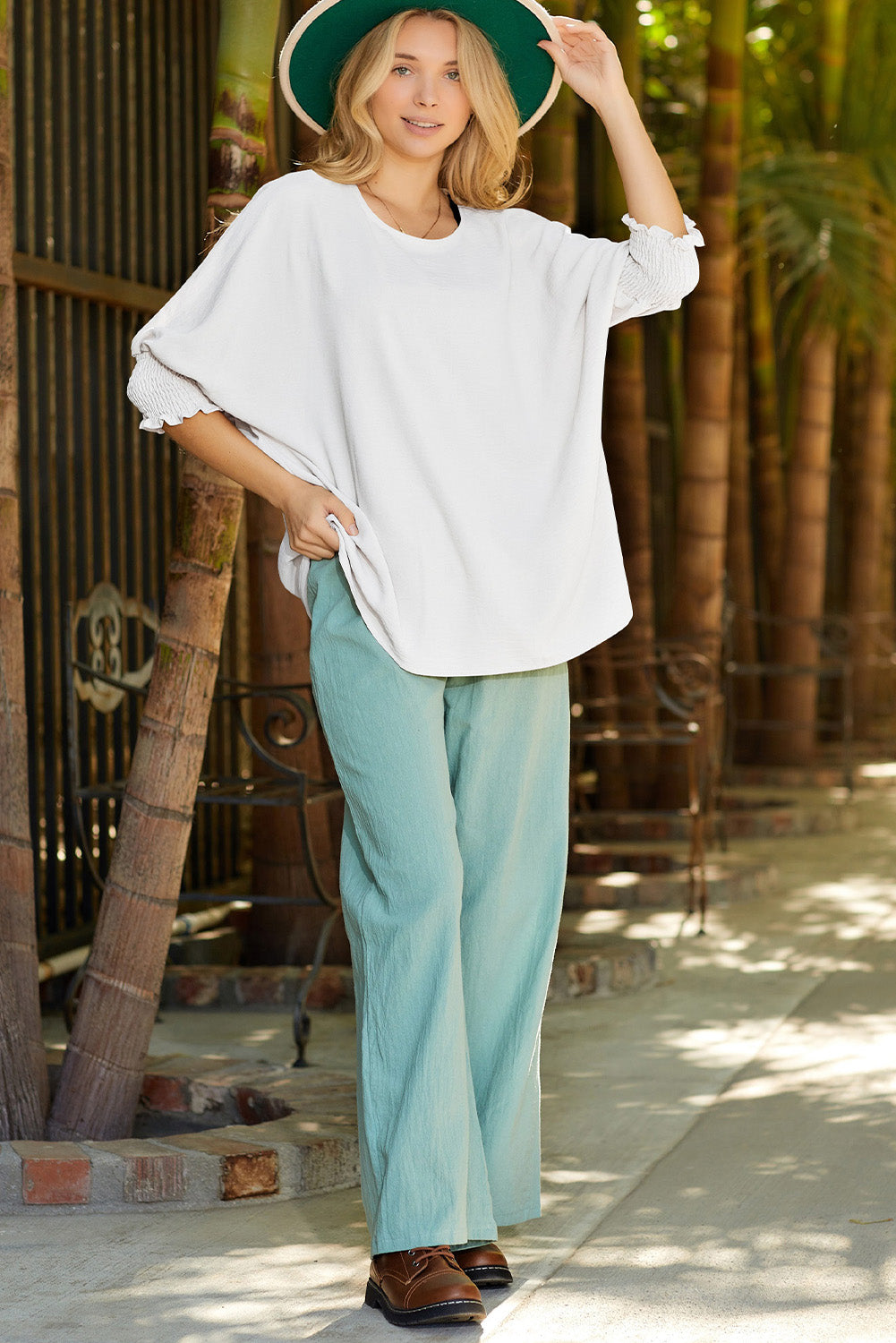Apricot Solid Casual Smocked Cuffs Batwing Sleeve Blouse - Cowaa
