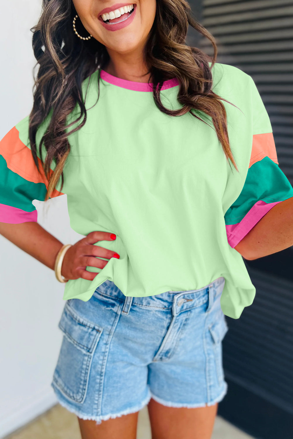 Green Color Block Sleeve Round Neck Oversize Top - Cowaa