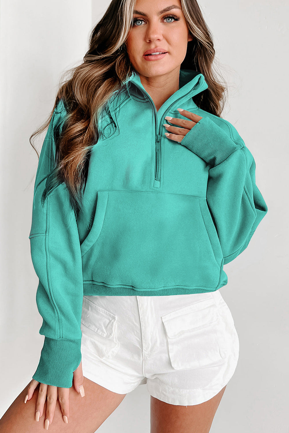 Brown Zip Up Stand Collar Thumbhole Sleeve Sweatshirt - Cowaa