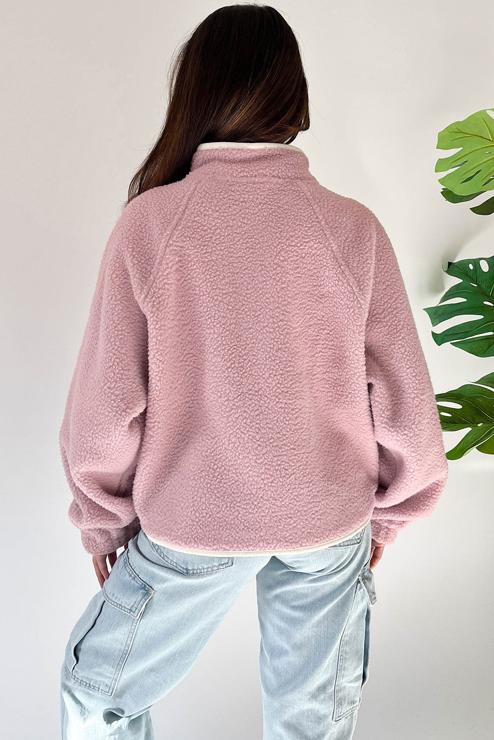 Fushia High Collar Long Sleeve Pullover Sweatshirt - Cowaa