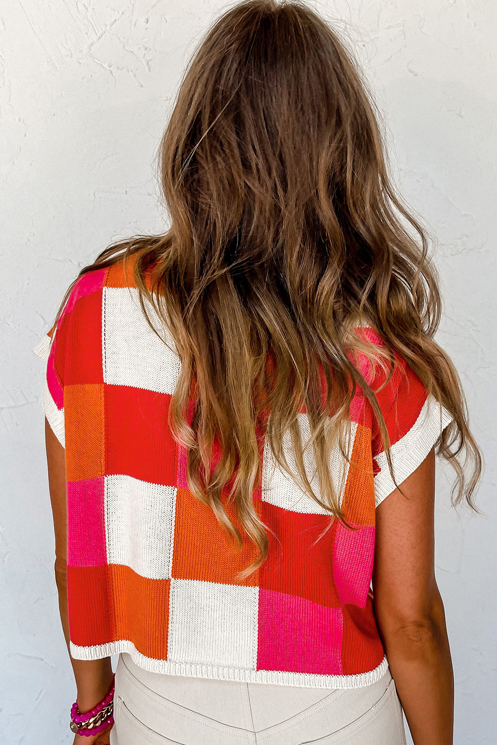 Fiery Red Checkered Color Block Cap Sleeve Knitted Top - Cowaa