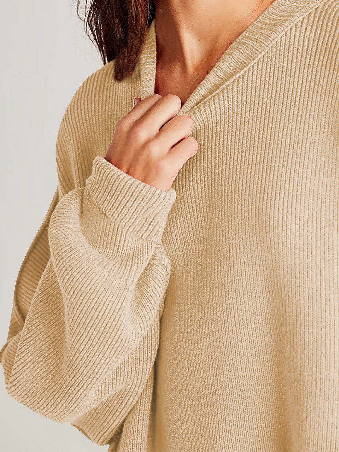 Double Take Side Slit Round Neck Long Sleeve Sweater - Cowaa