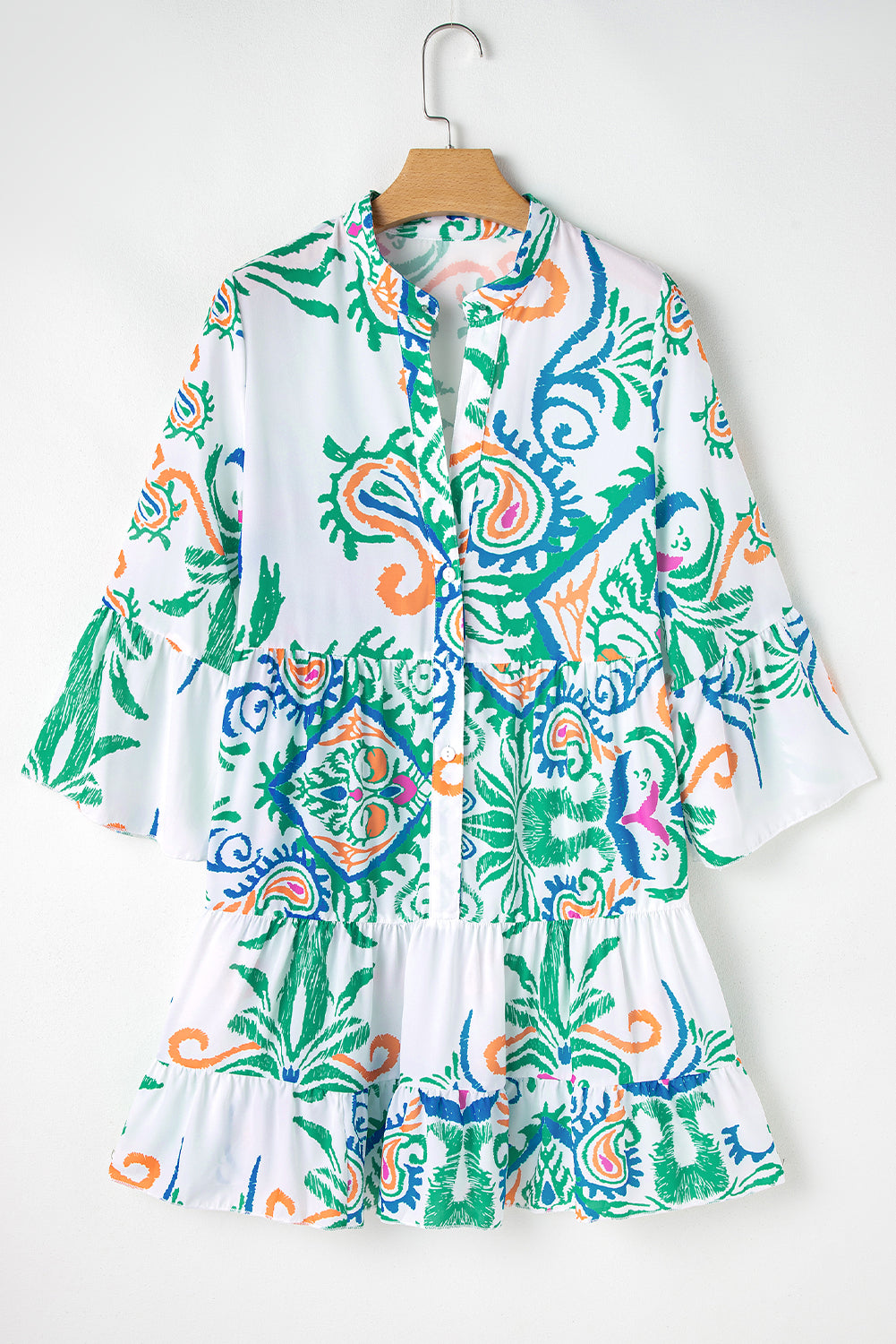 White Ethnic Print Boho Button Tiered Mini Dress - Cowaa