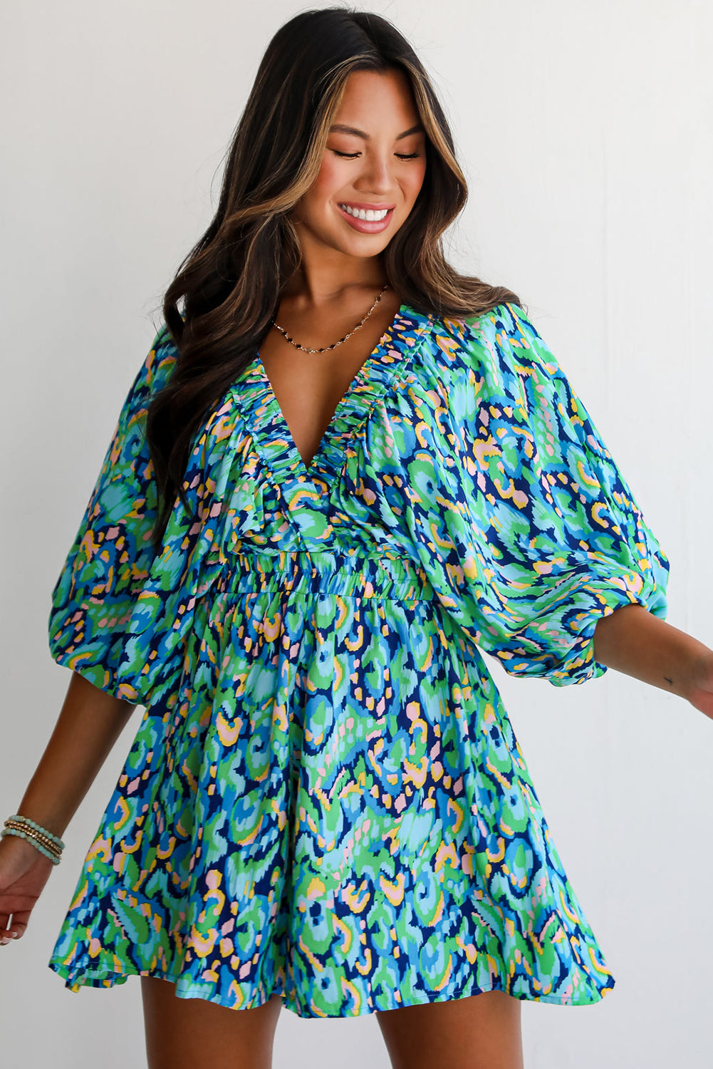 Abstract Print Dolman Sleeve V Neck High Waist Romper