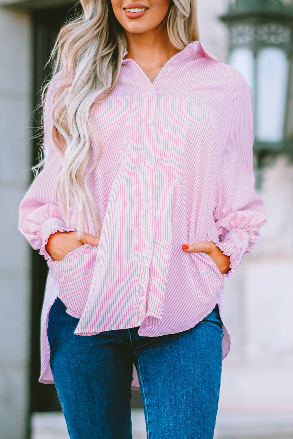Black Striped Casual Shirred Cuffs Shirt - Cowaa