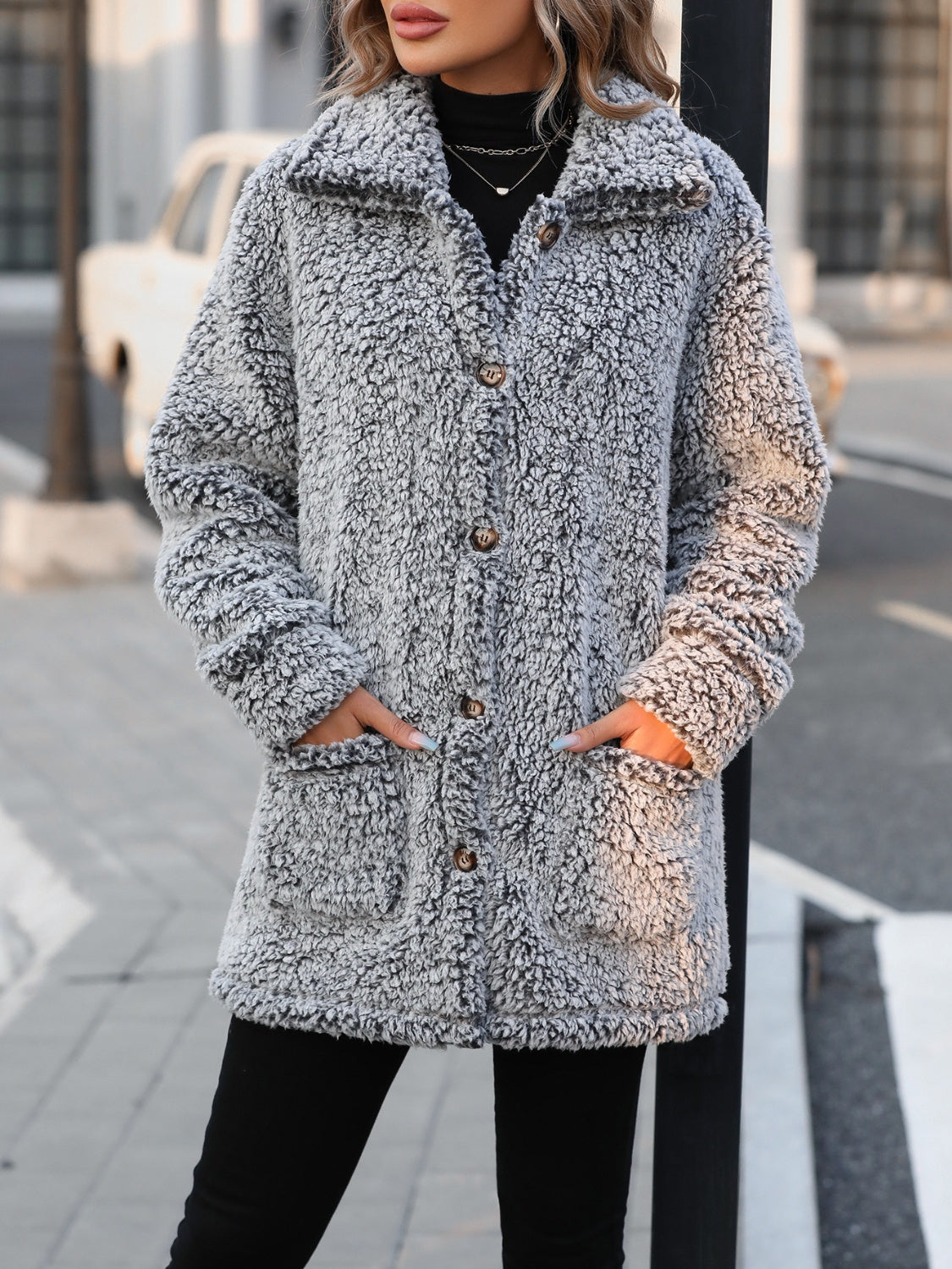 Pocketed Collared Neck Long Sleeve Plush Jacket - Cowaa