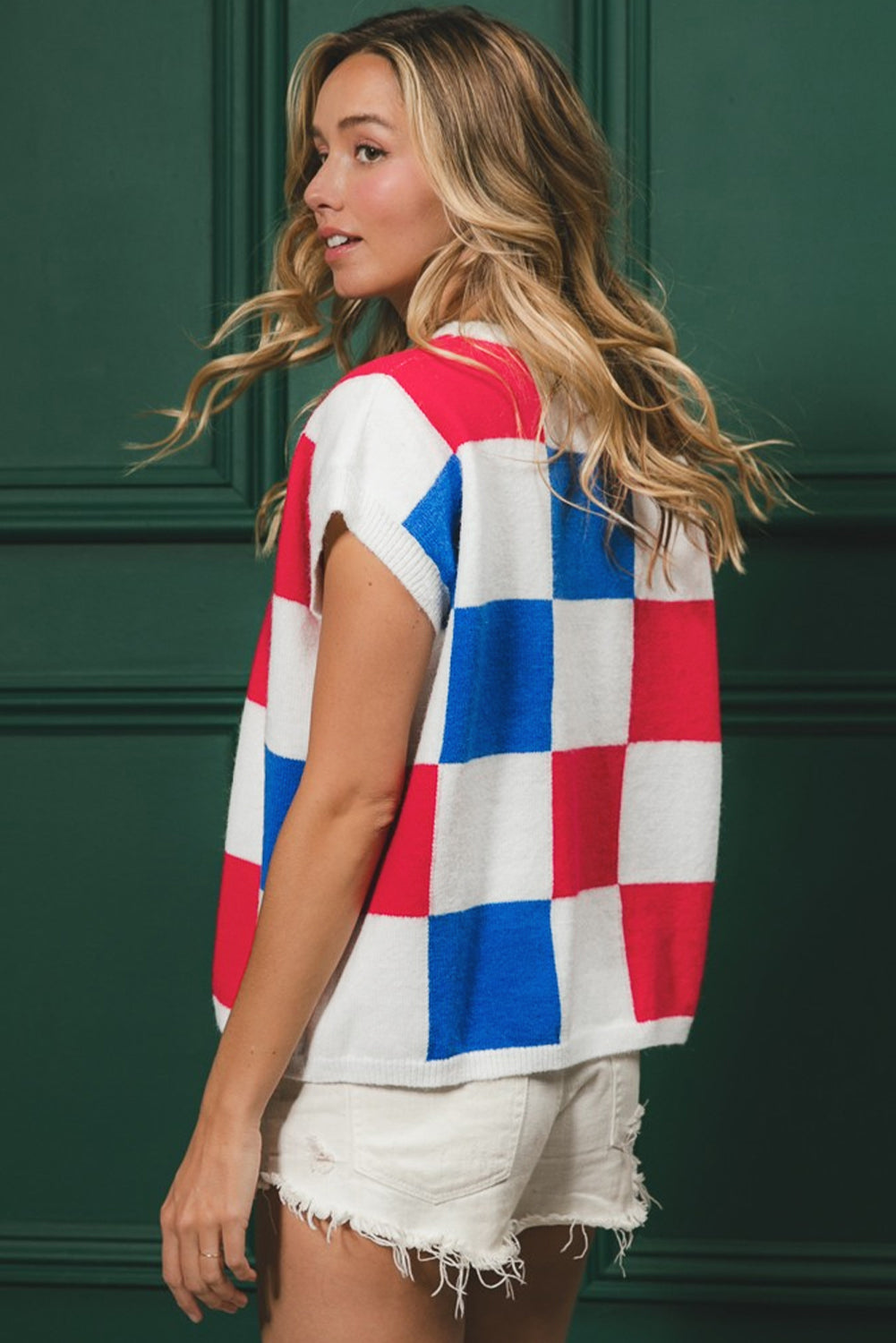 Fiery Red Checkered Color Block Cap Sleeve Knitted Top - Cowaa