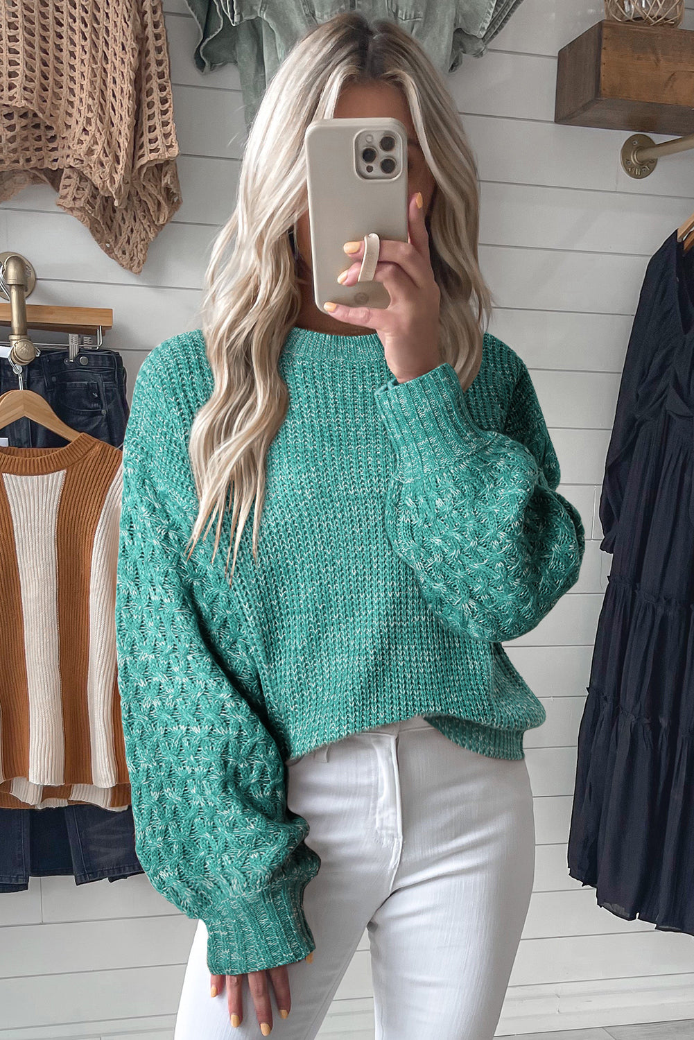Parchment Chunky Knit Sleeve Drop Shoulder Sweater - Cowaa