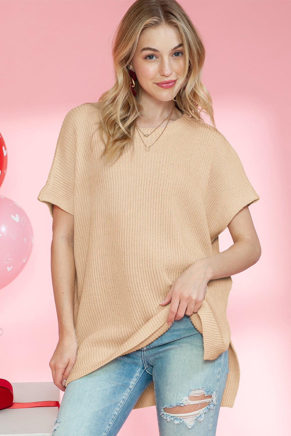 Rose Red Side Slit Short Sleeve Oversized Sweater - Cowaa