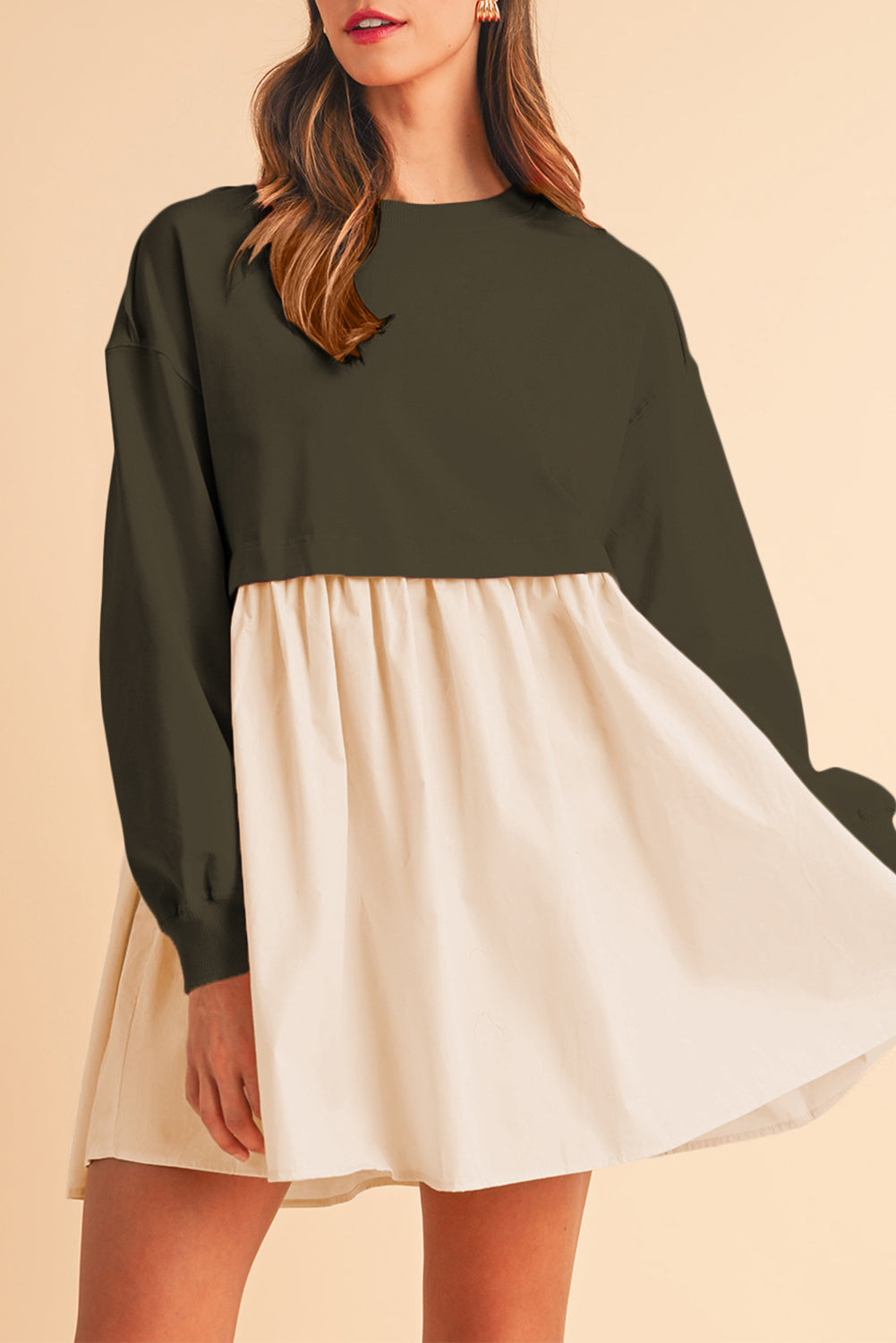 Khaki Sweatshirt 2-in-1 Flowy Pleated Mini Dress - Cowaa