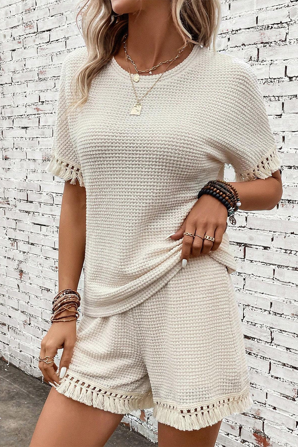Beige Fringe Trim Waffle Knit Textured Shorts Set - Cowaa