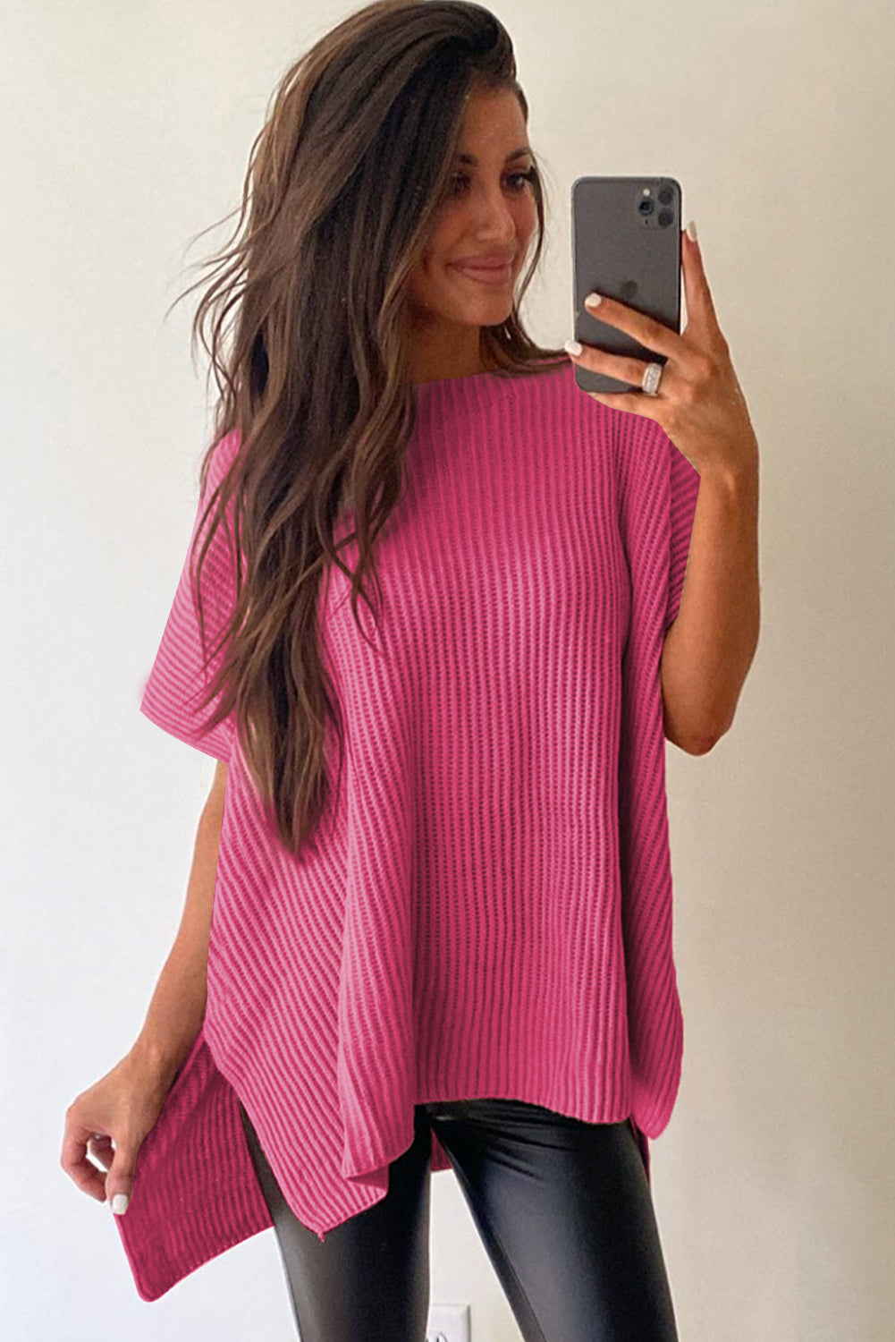 Rose Red Side Slit Short Sleeve Oversized Sweater - Cowaa