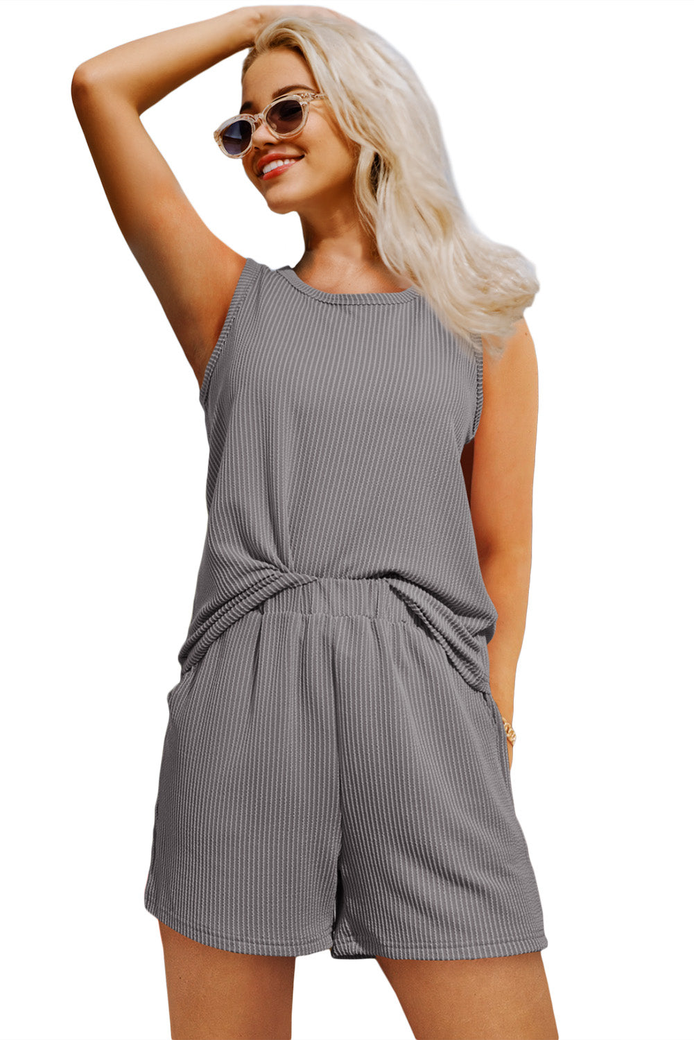 Medium Grey Corded Sleeveless Top and Pocketed Shorts Set - Cowaa
