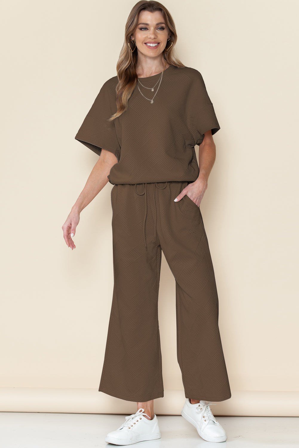 Navy Blue Textured Loose Fit T Shirt and Drawstring Pants Set - Cowaa