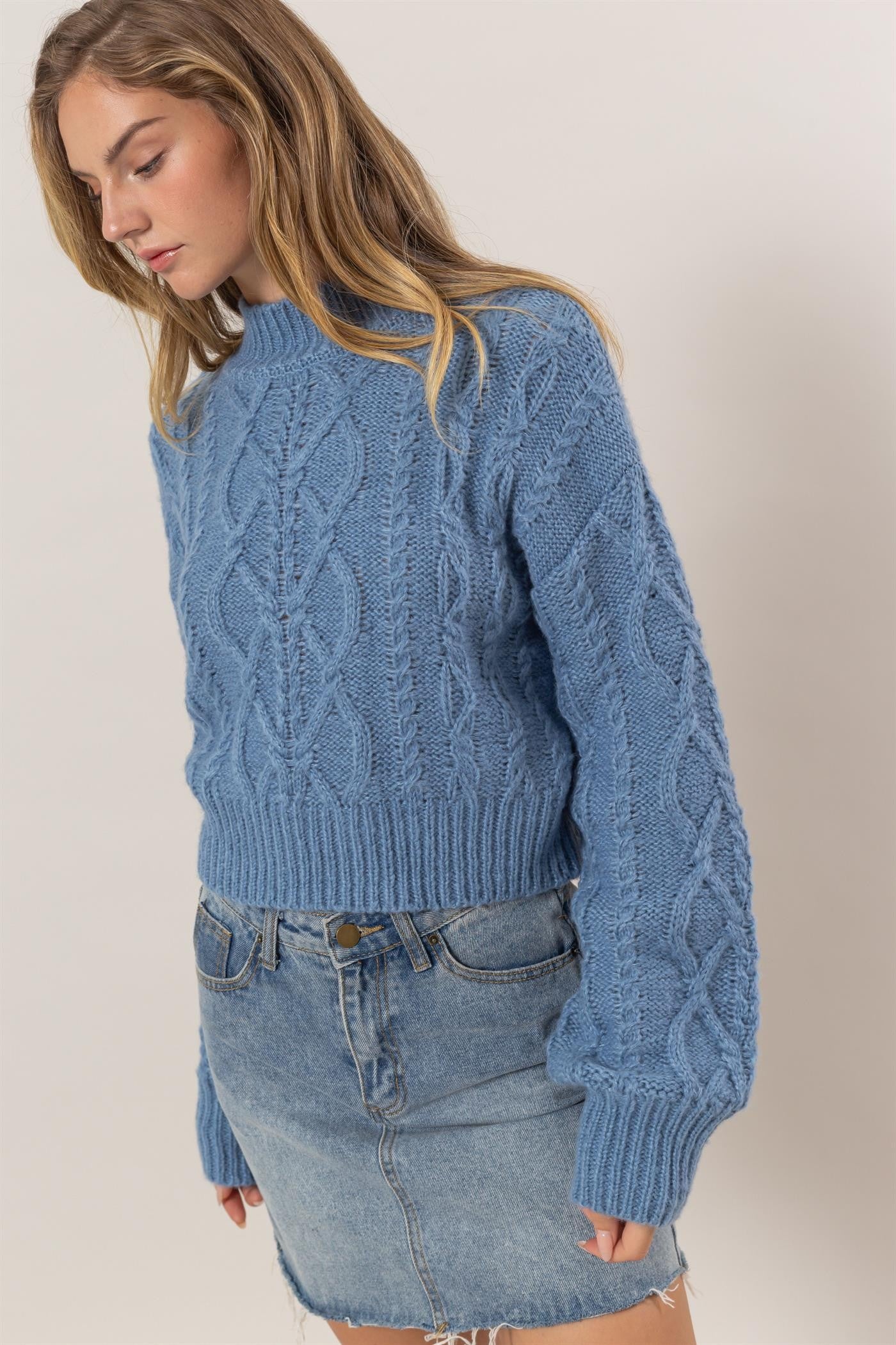 Blue Cable-Knit Mock Neck Dropped Shoulder Sweater