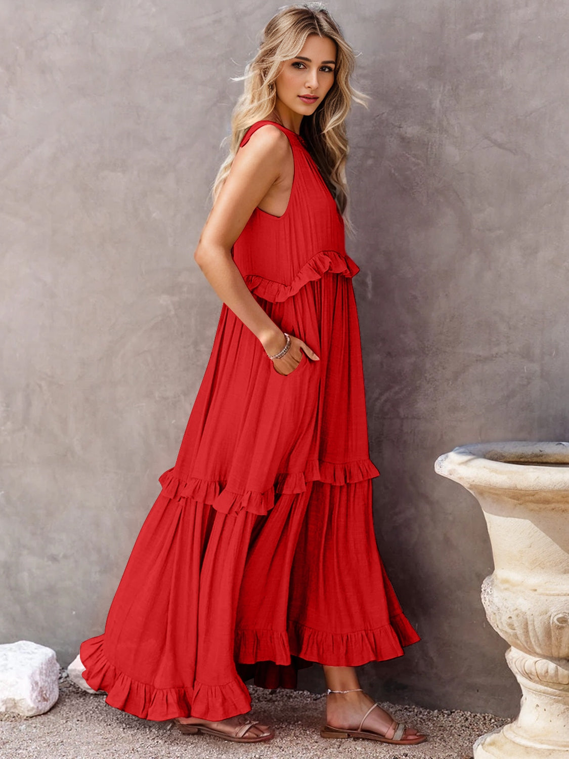 Ruffled Sleeveless Tiered Maxi Dress with Pockets - Cowaa