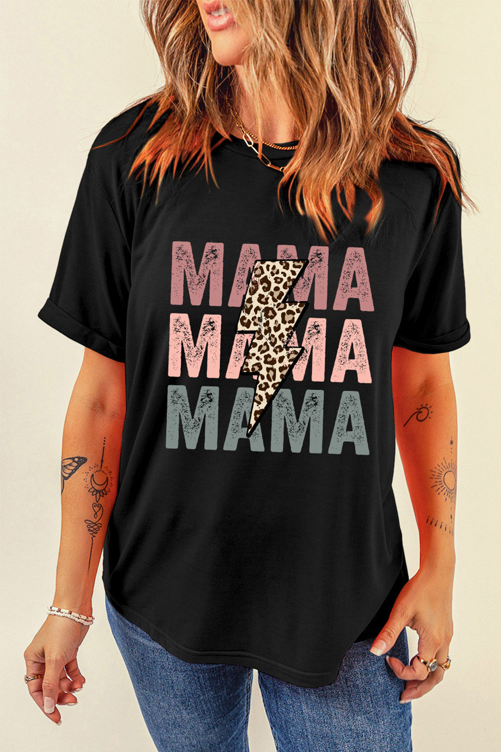 Black Leopard Lightning MAMA Letter Print Graphic Tee - Cowaa