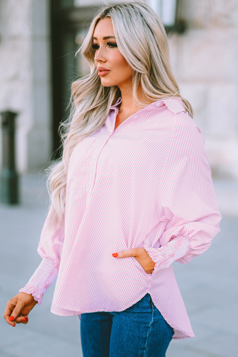 Black Striped Casual Shirred Cuffs Shirt - Cowaa