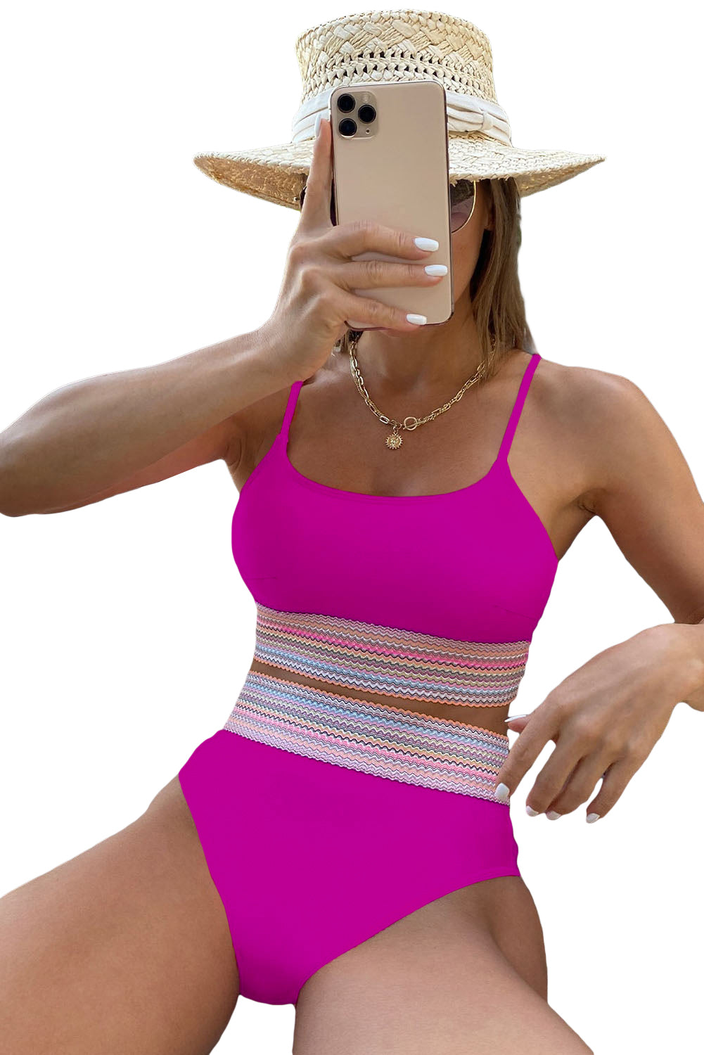 Black Striped Patchwork Spaghetti Strap High Waist Bikini Set - Cowaa
