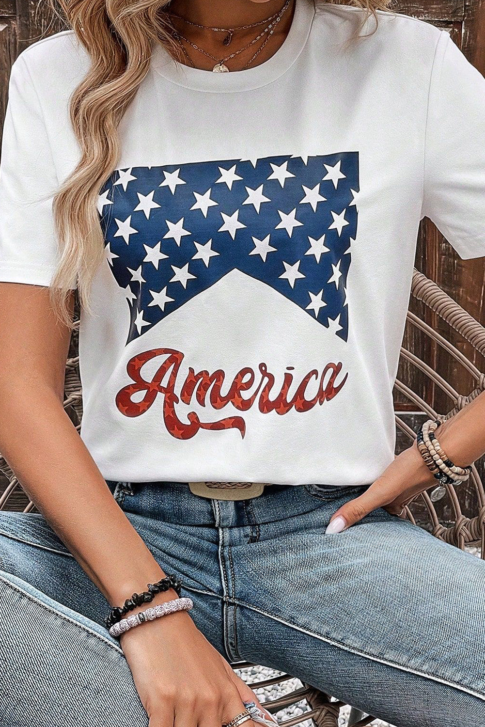 White Casual America Stars Graphic Crew Neck T Shirt - Cowaa
