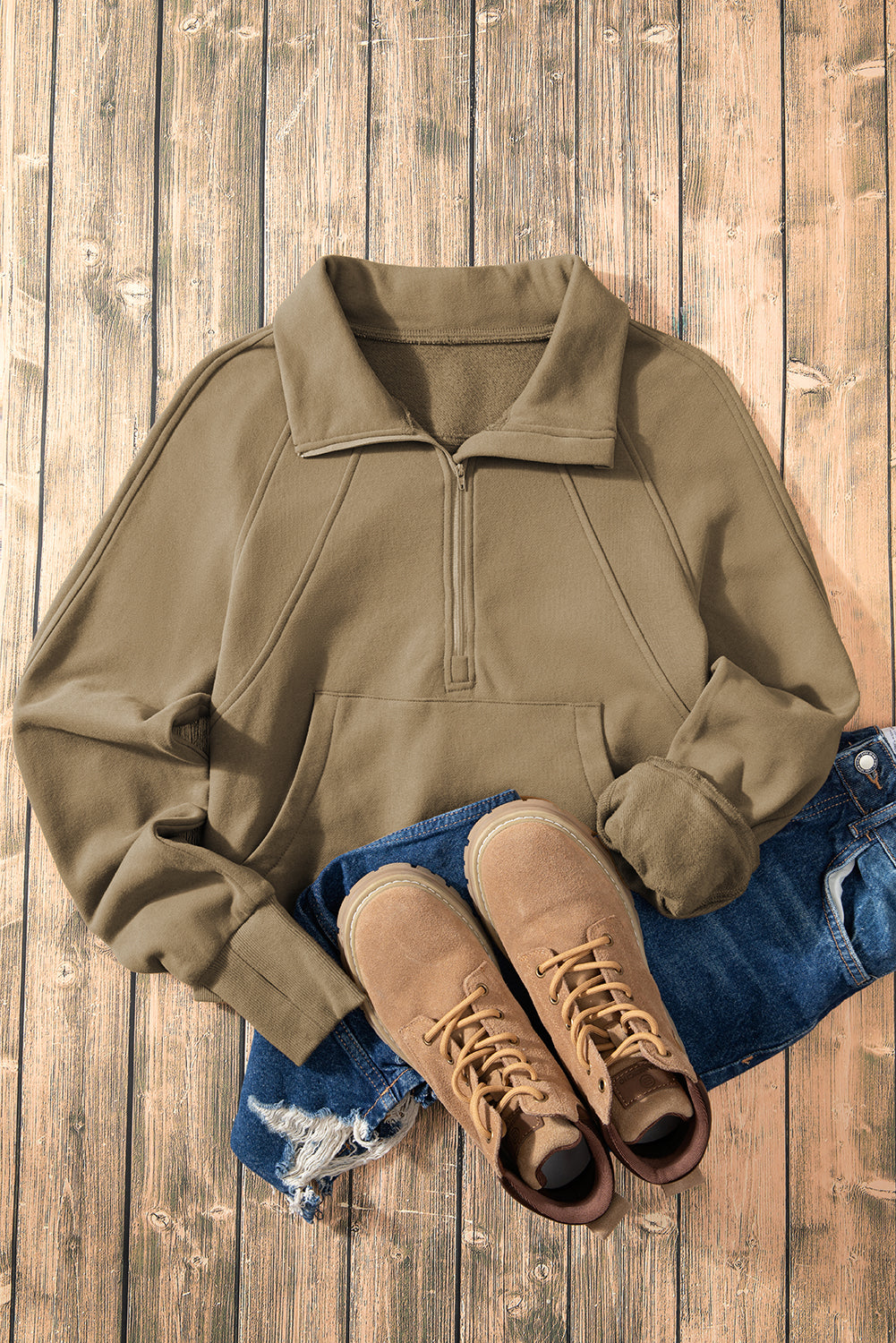 Brown Zip Up Stand Collar Thumbhole Sleeve Sweatshirt - Cowaa