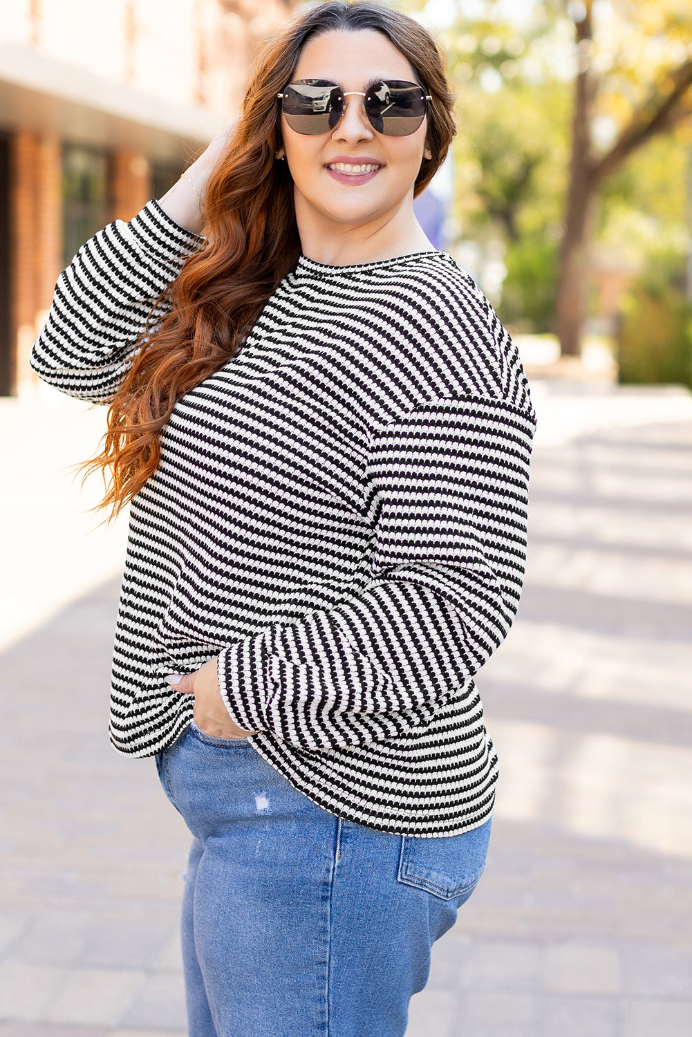 Black Stripe Drop Shoulder Puff Long Sleeve O Neck Plus Size T Shirt - Cowaa