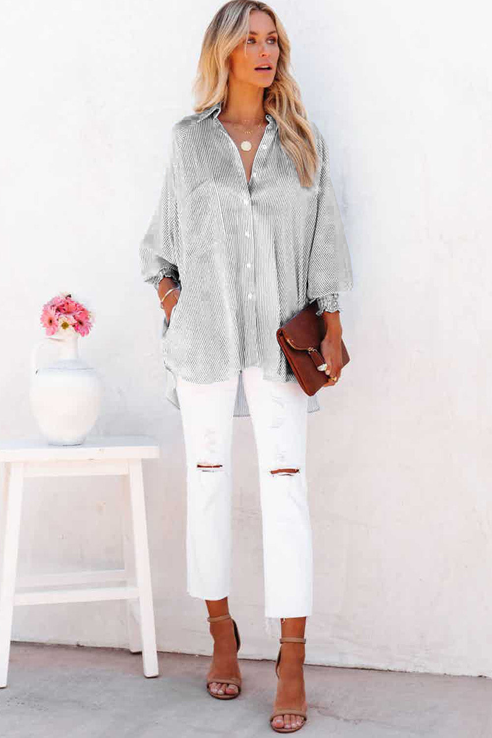 Black Striped Casual Shirred Cuffs Shirt - Cowaa