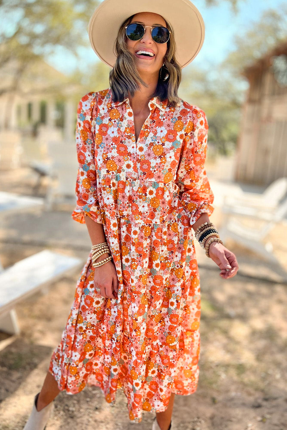 Multicolor Boho Floral Collared Long Sleeve Dress - Cowaa