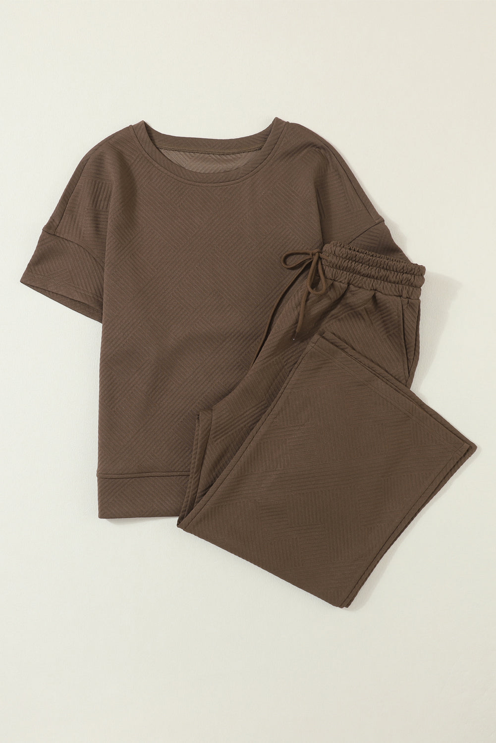 Navy Blue Textured Loose Fit T Shirt and Drawstring Pants Set - Cowaa
